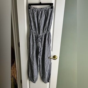 Juniper Blu Nautical Striped Navy/White Linen Blend Strapless Jumpsuit